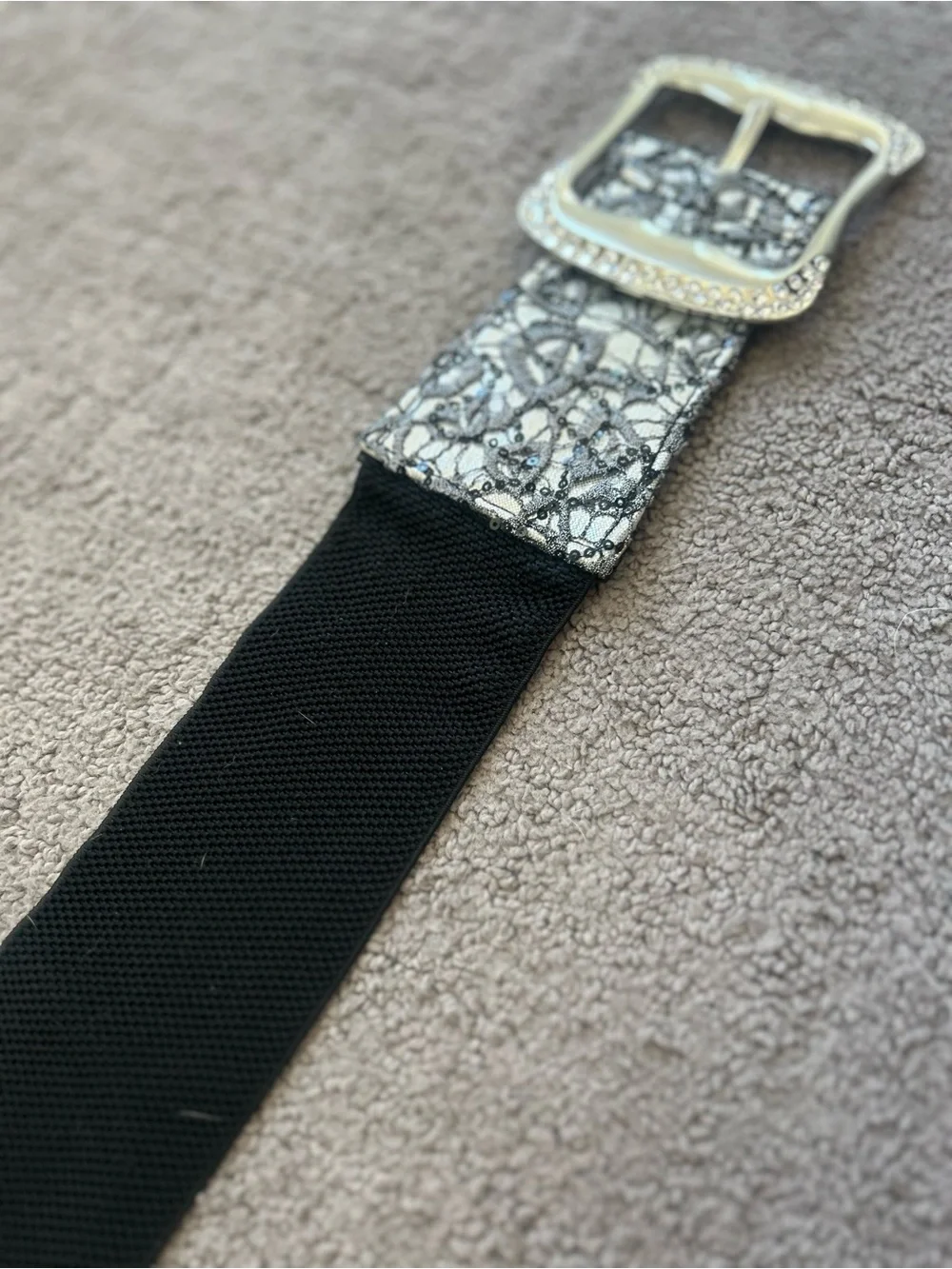 Buckle Black and Silver Stretch Belt with Rhinestone Buckle